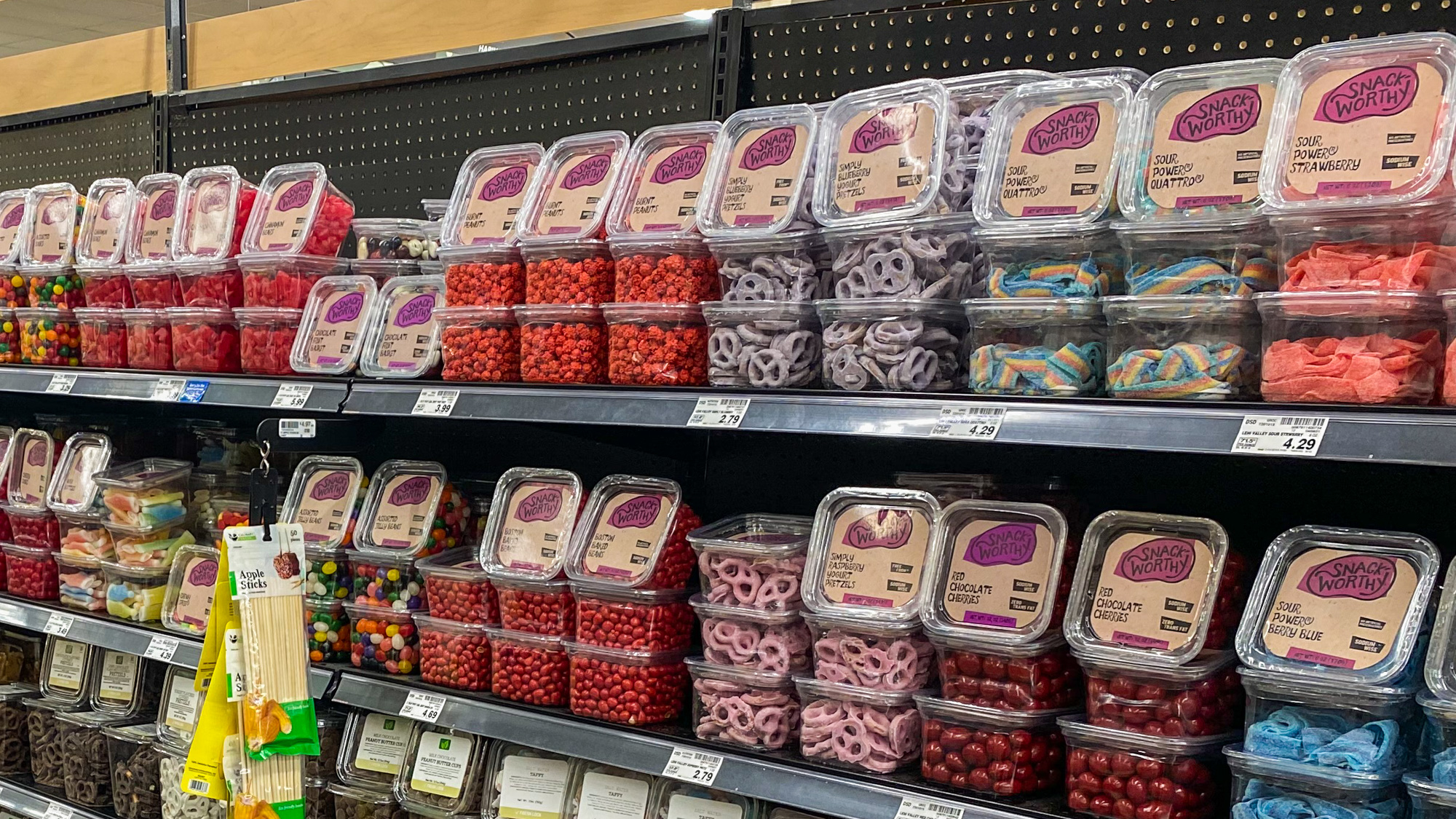 Snackworthy snack tubs on shelf in store