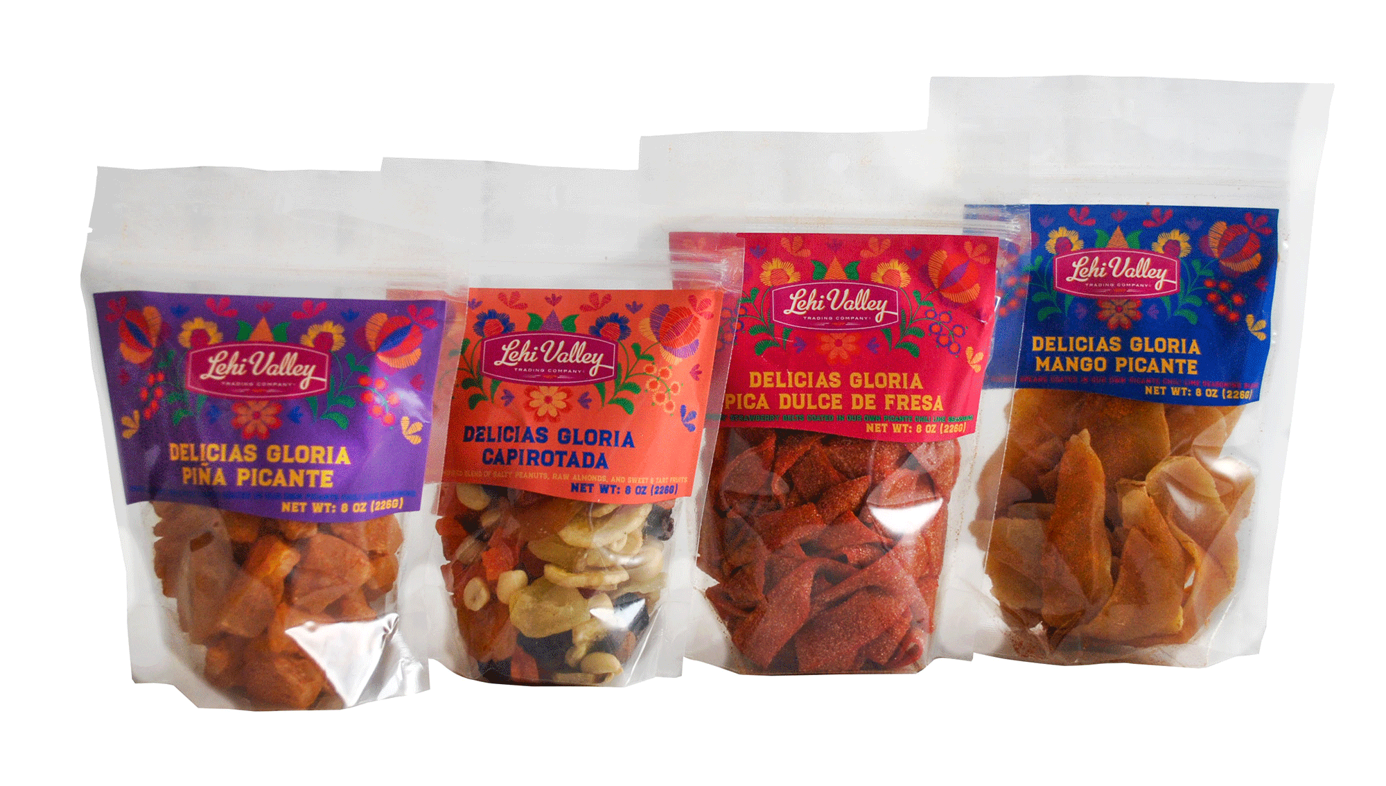 Our Delicias Gloria flavors displayed in their bags