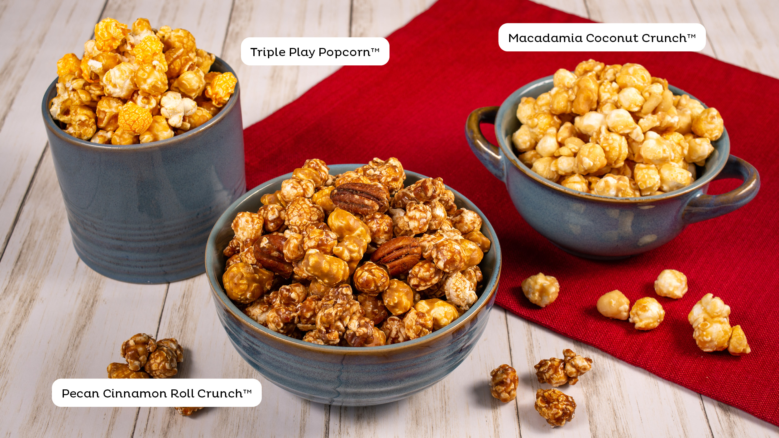 Our gourmet popcorn flavors displayed on a table