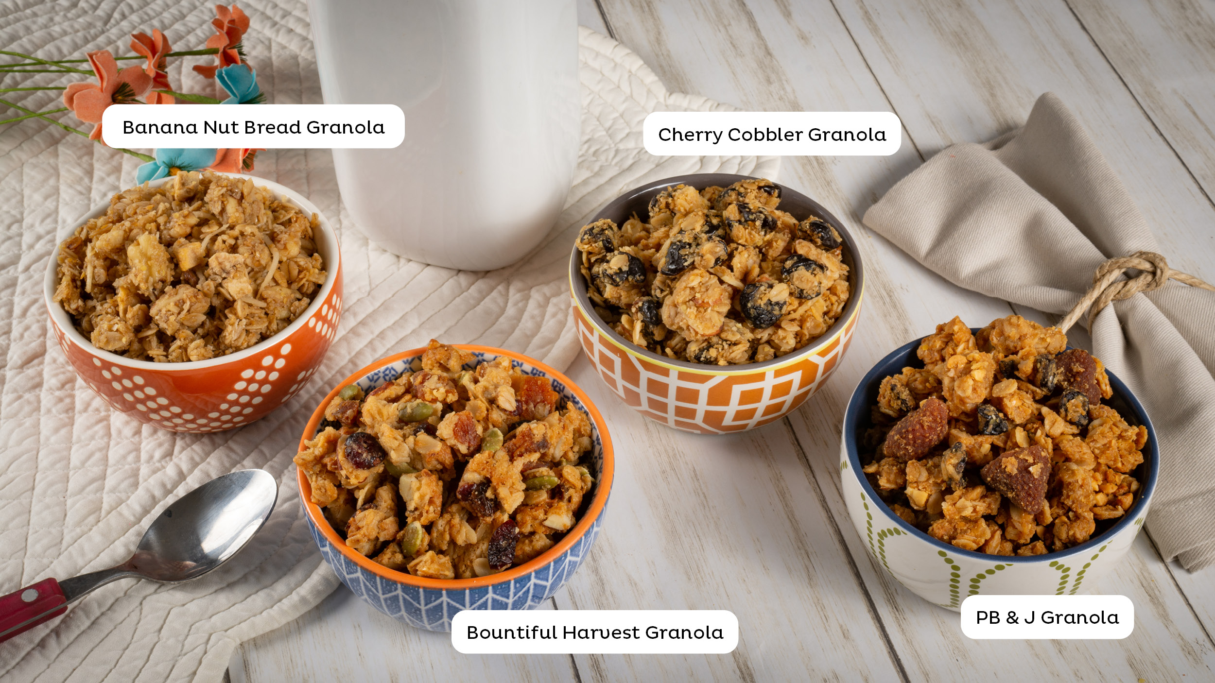 Group beauty shot of our soft baked granola displayed on a table